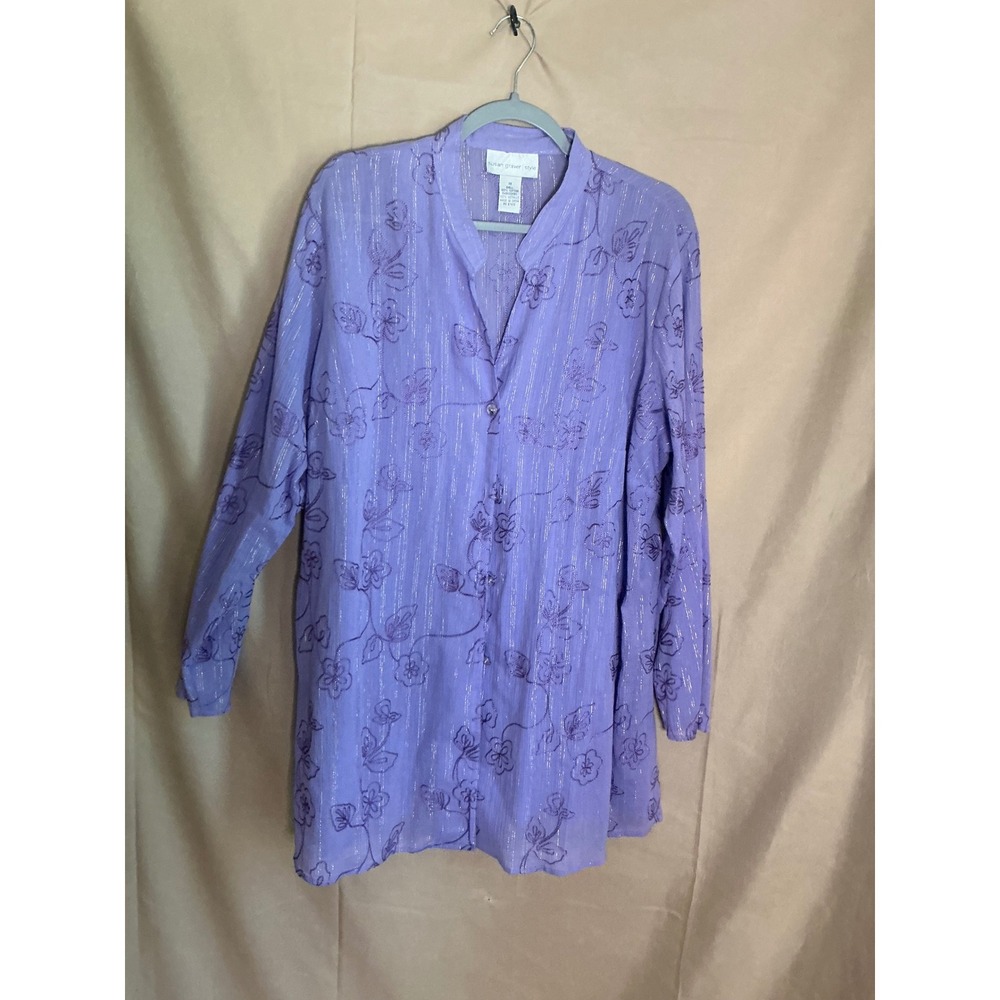 Susan Graver Style Tunic Women 1X Purple Excellent Floral Metallic Embroidery